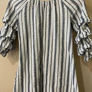 Michele Black and White Striped Ruffle Blouse